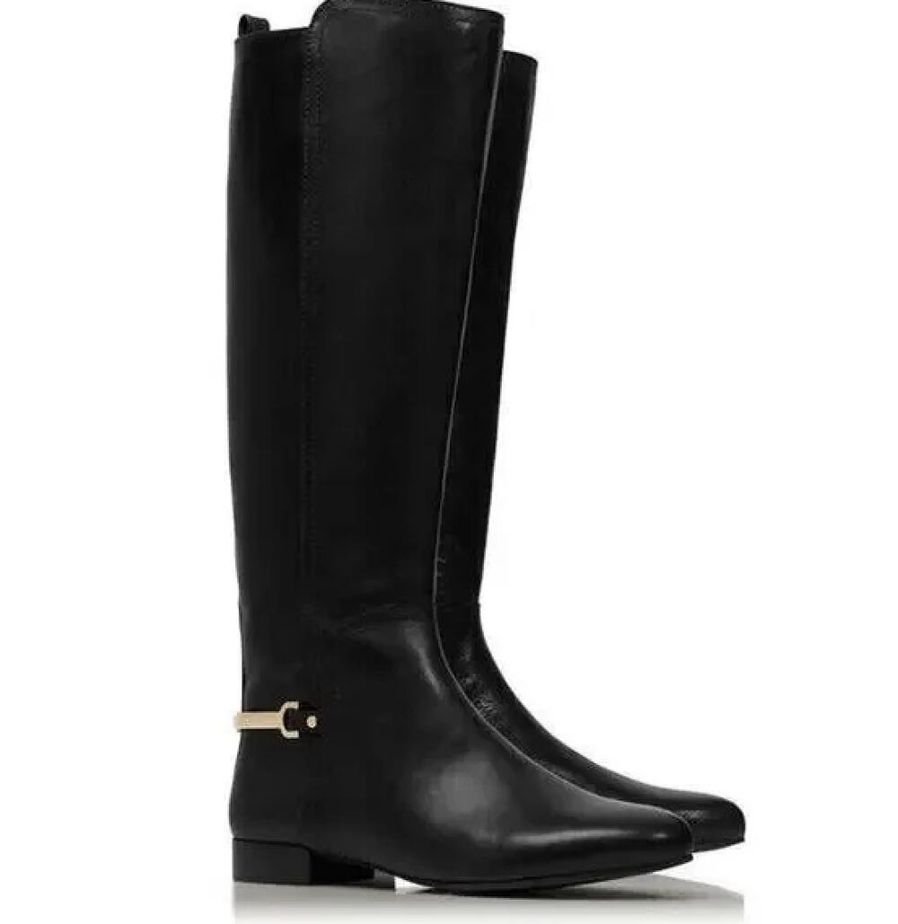 Tory Burch Tall Black Leather Riding Boots Horsebit Heel Logo Hardware Size 5